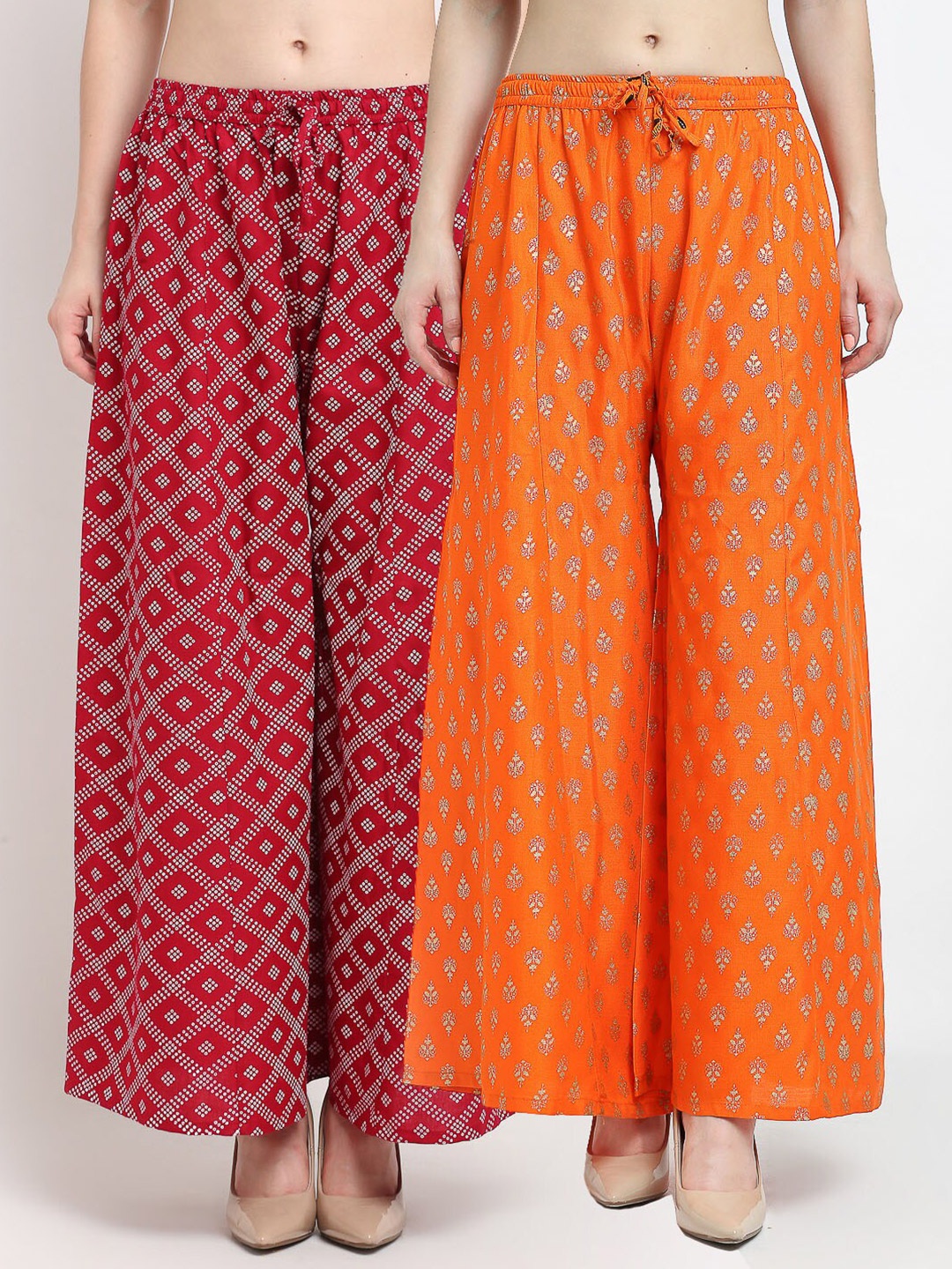 

GRACIT Women Maroon & Orange 2 Printed Flared Knitted Ethnic Palazzos