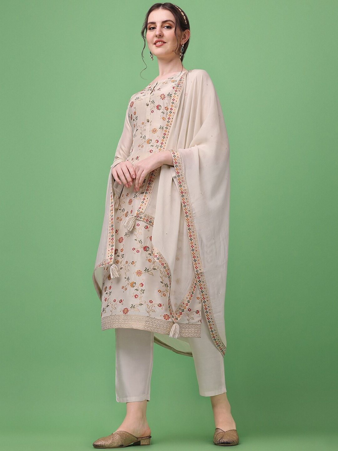 

Seerat Floral Embroidered Jacquard Kurta And Trouser With Dupatta, Beige