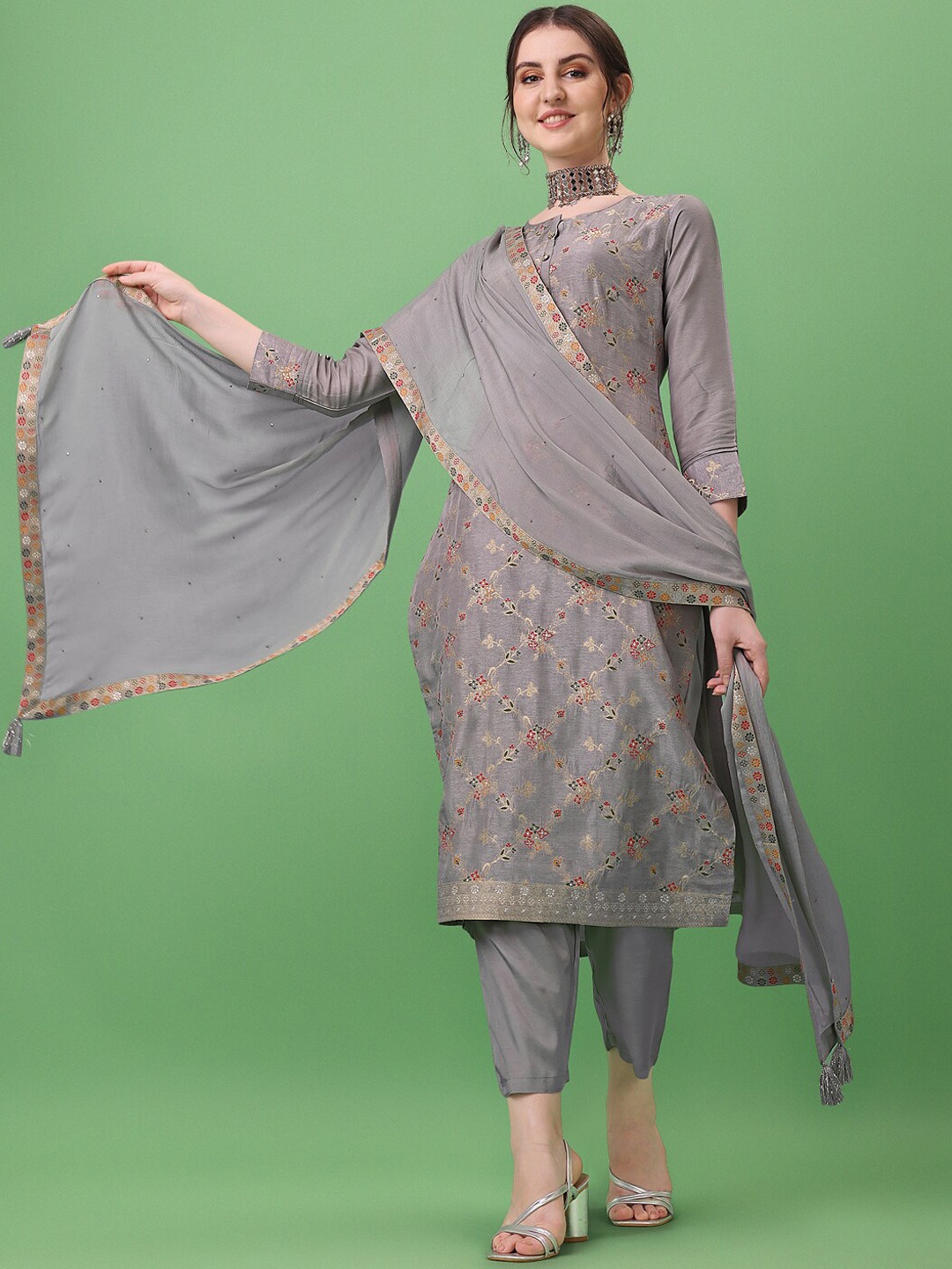 

Seerat Women Grey Ethnic Motifs Embroidered Pure Silk Kurta with Trousers & Dupatta