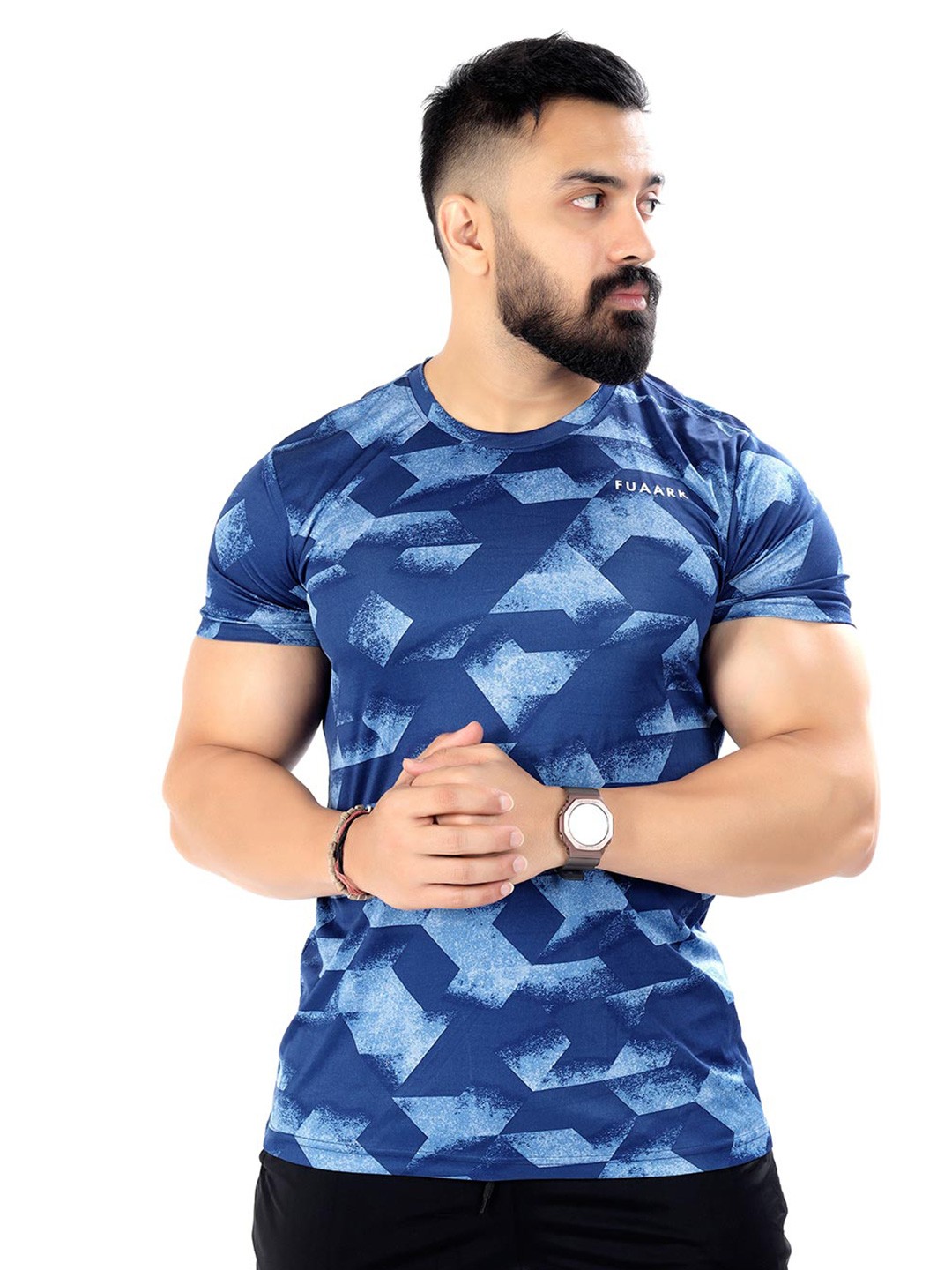 

FUAARK Men Navy Blue Printed Anti Odour Raw Edge Slim Fit T-shirt
