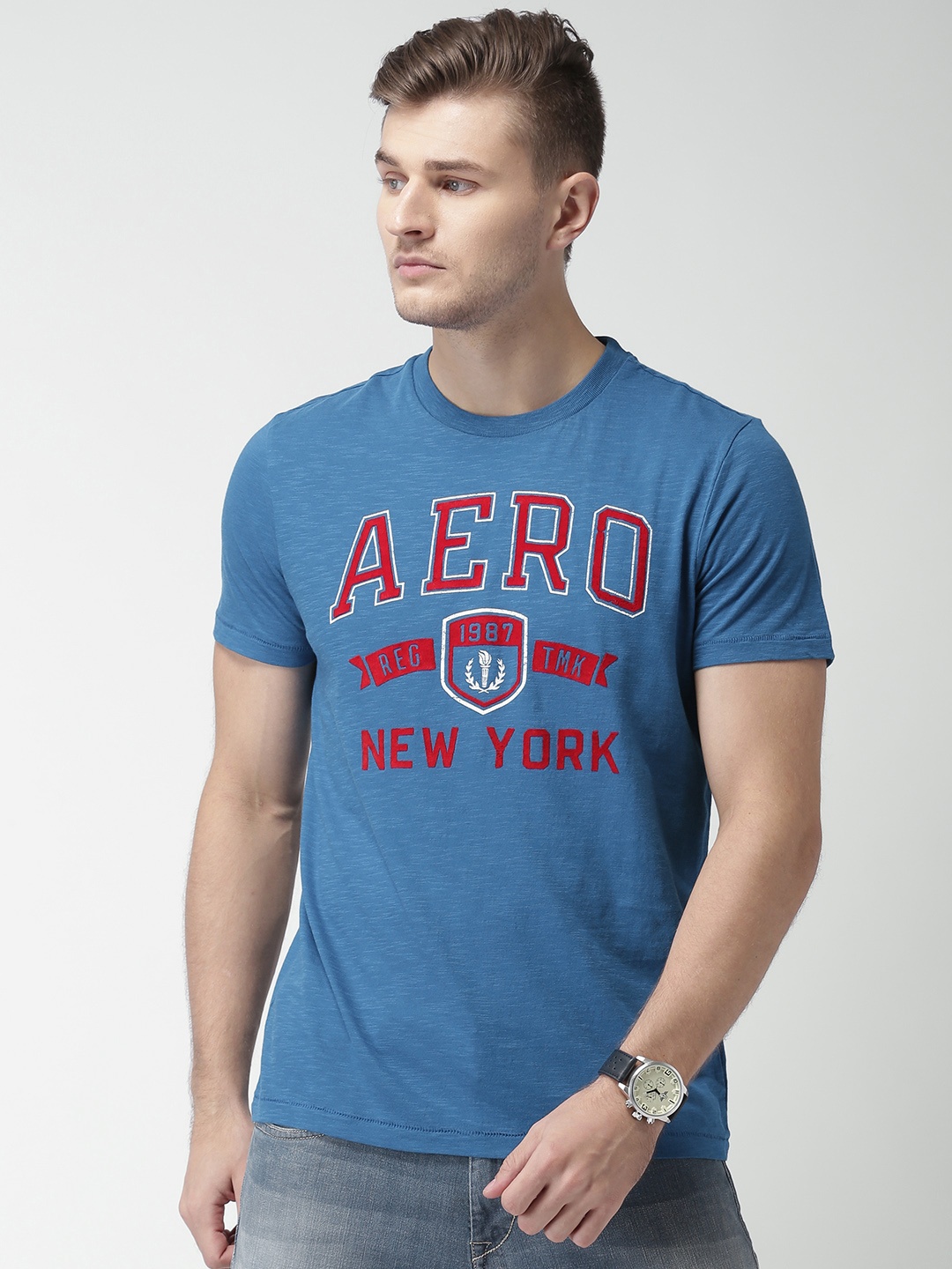 

Aeropostale Men Blue Printed Round Neck T-shirt