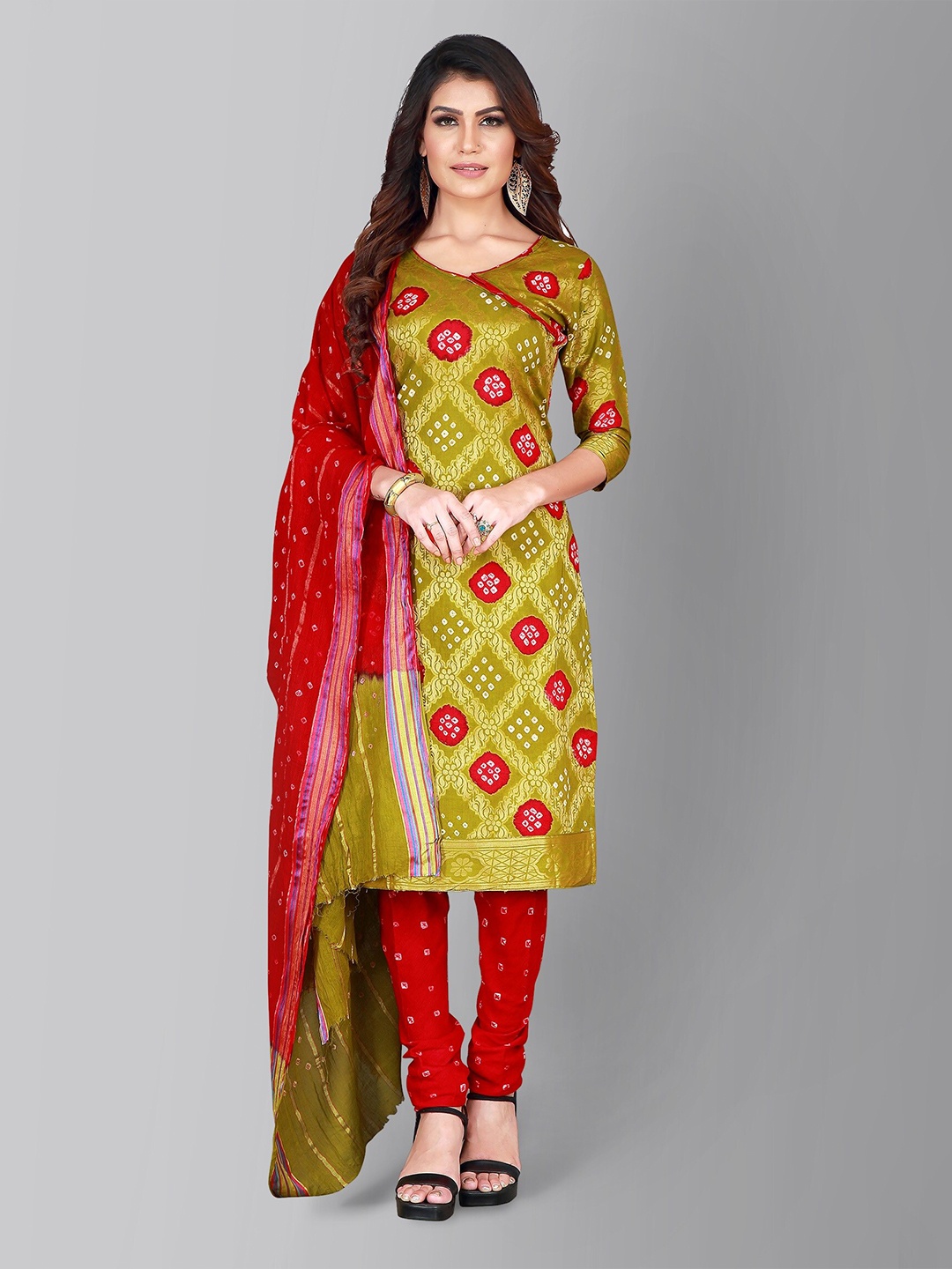 

Divine International Trading Co Olive Green & Red Dyed Unstitched Dress Material
