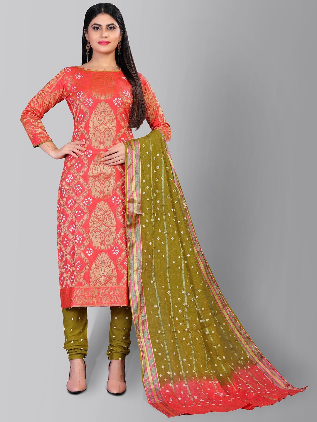 

Divine International Trading Co Peach-Coloured & Green Dyed Unstitched Dress Material