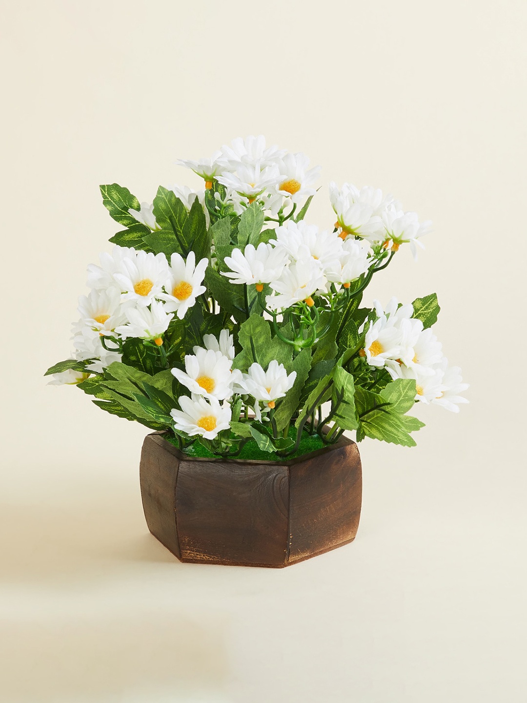 

Home Centre Green & Brown Freesia Artificial Flowers With Wooden Pot