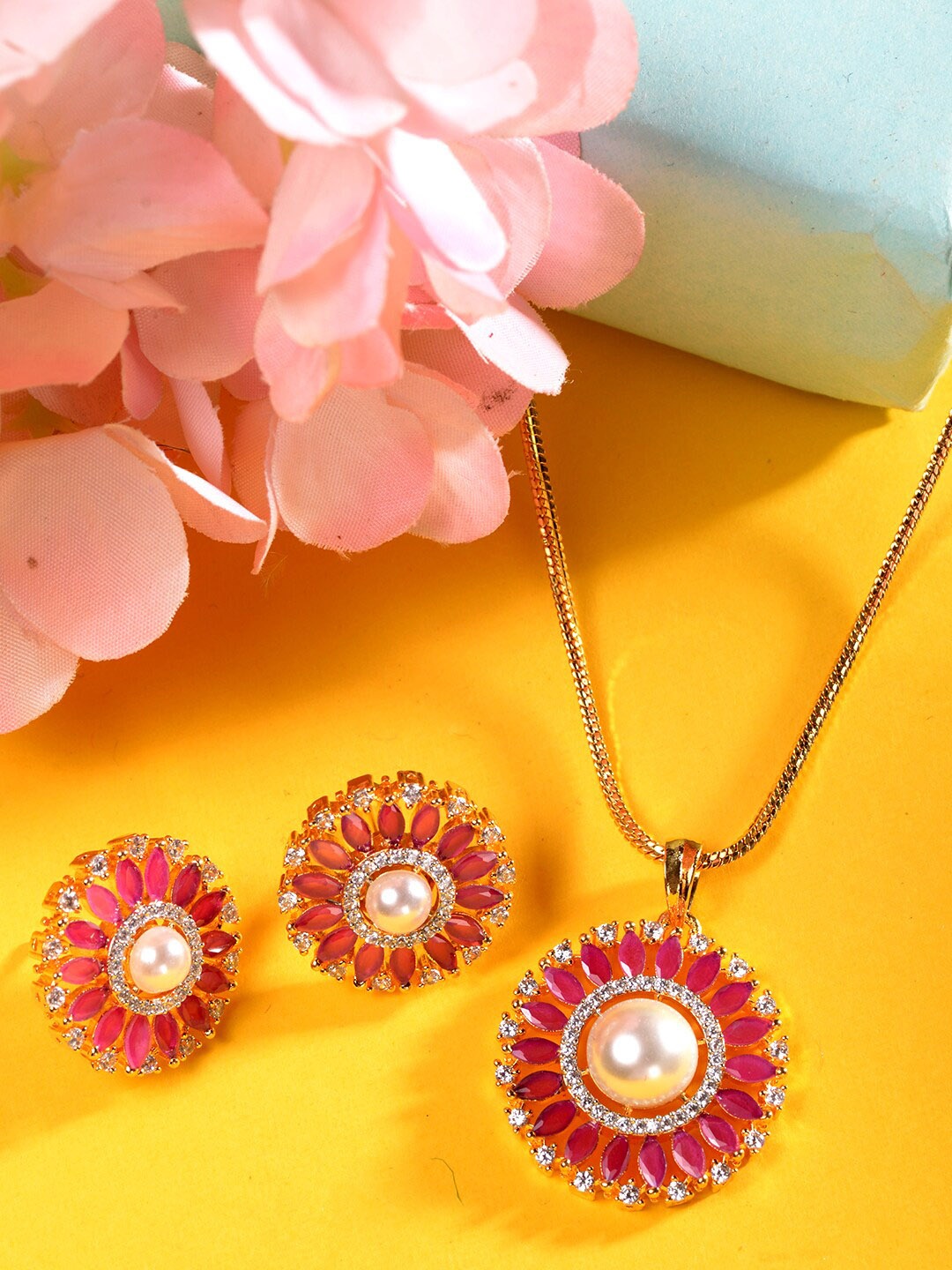 

Saraf RS Jewellery Women Pink & White Gold Plated AD & Pearl Studded Jewellery Set