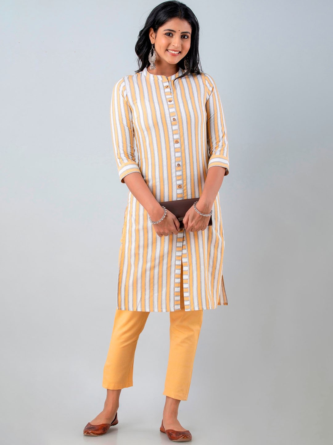 

PREKSHA Women Striped Panelled Kurta with Trousers, Yellow