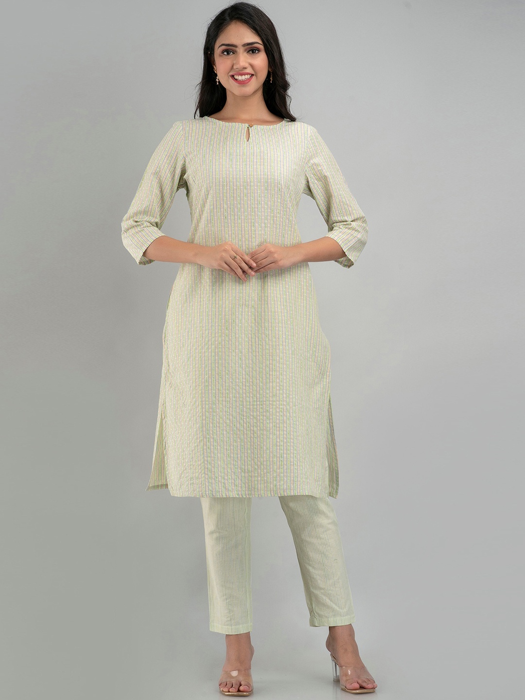 

PREKSHA Women Striped Pure Cotton Kurta with Trouser Set, Green