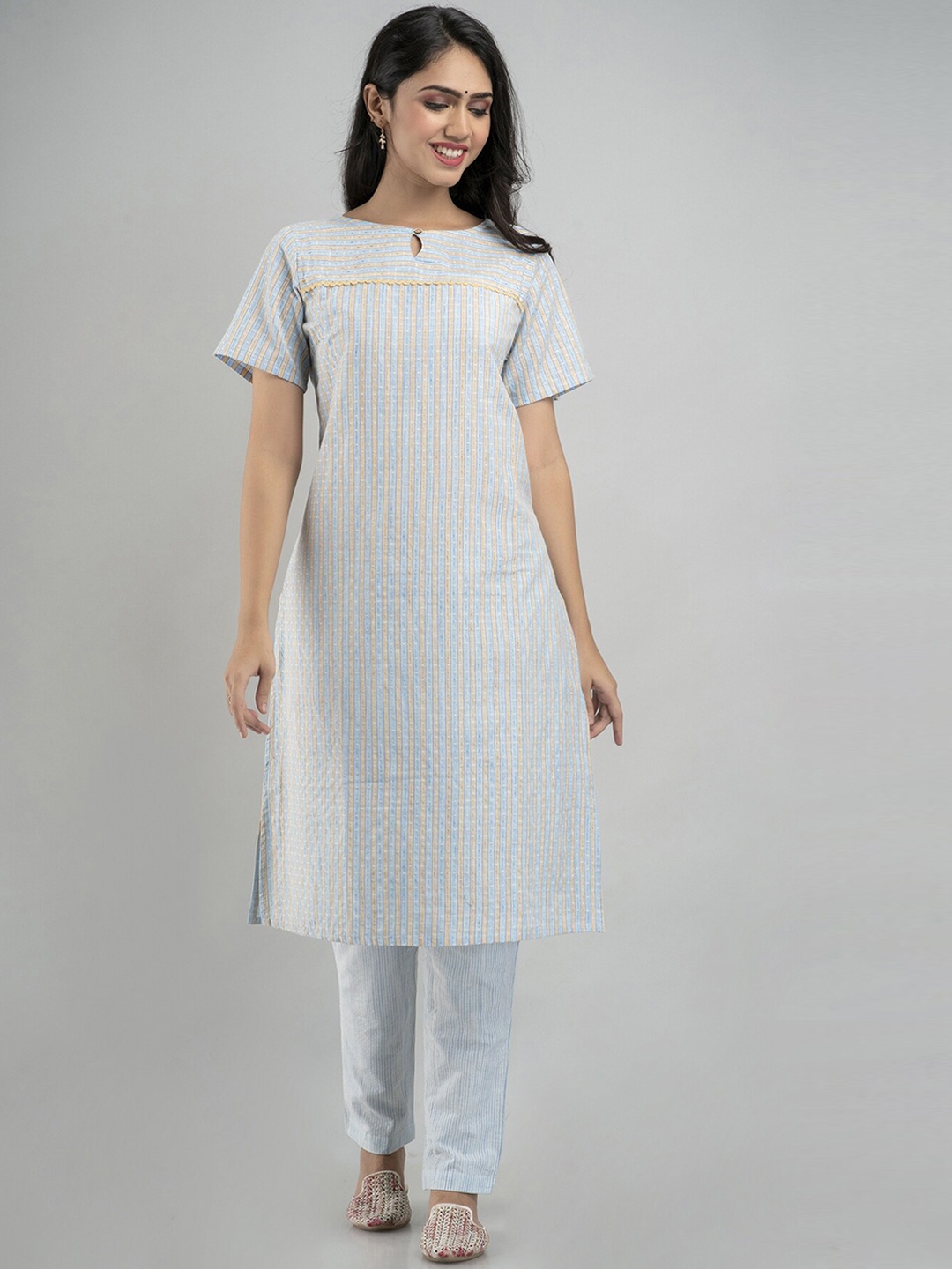 

PREKSHA Women Blue Striped Pleated Pure Cotton Kurti with Trousers