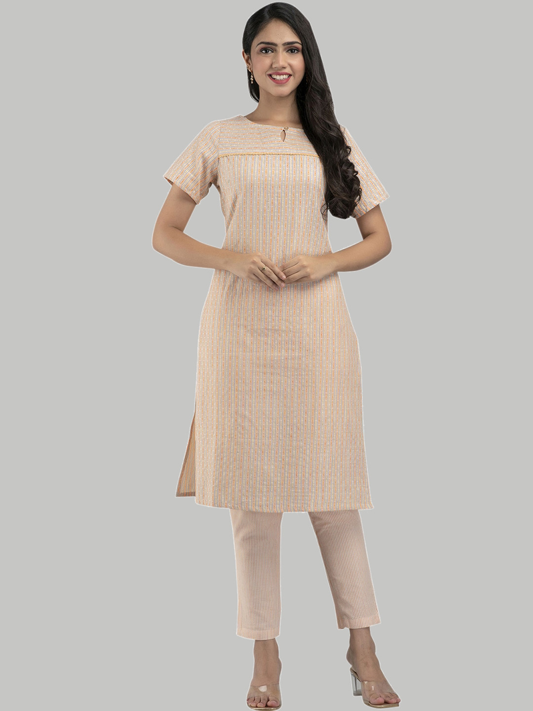 

PREKSHA Women Peach-Coloured Embroidered Pure Cotton Kurti with Trousers