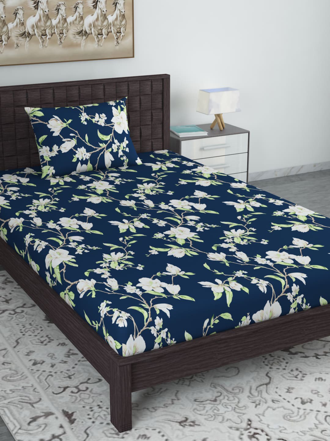 

Divine Casa Sea Green & Blue Floral 120 TC Single Bedsheet with 1 Pillow Covers