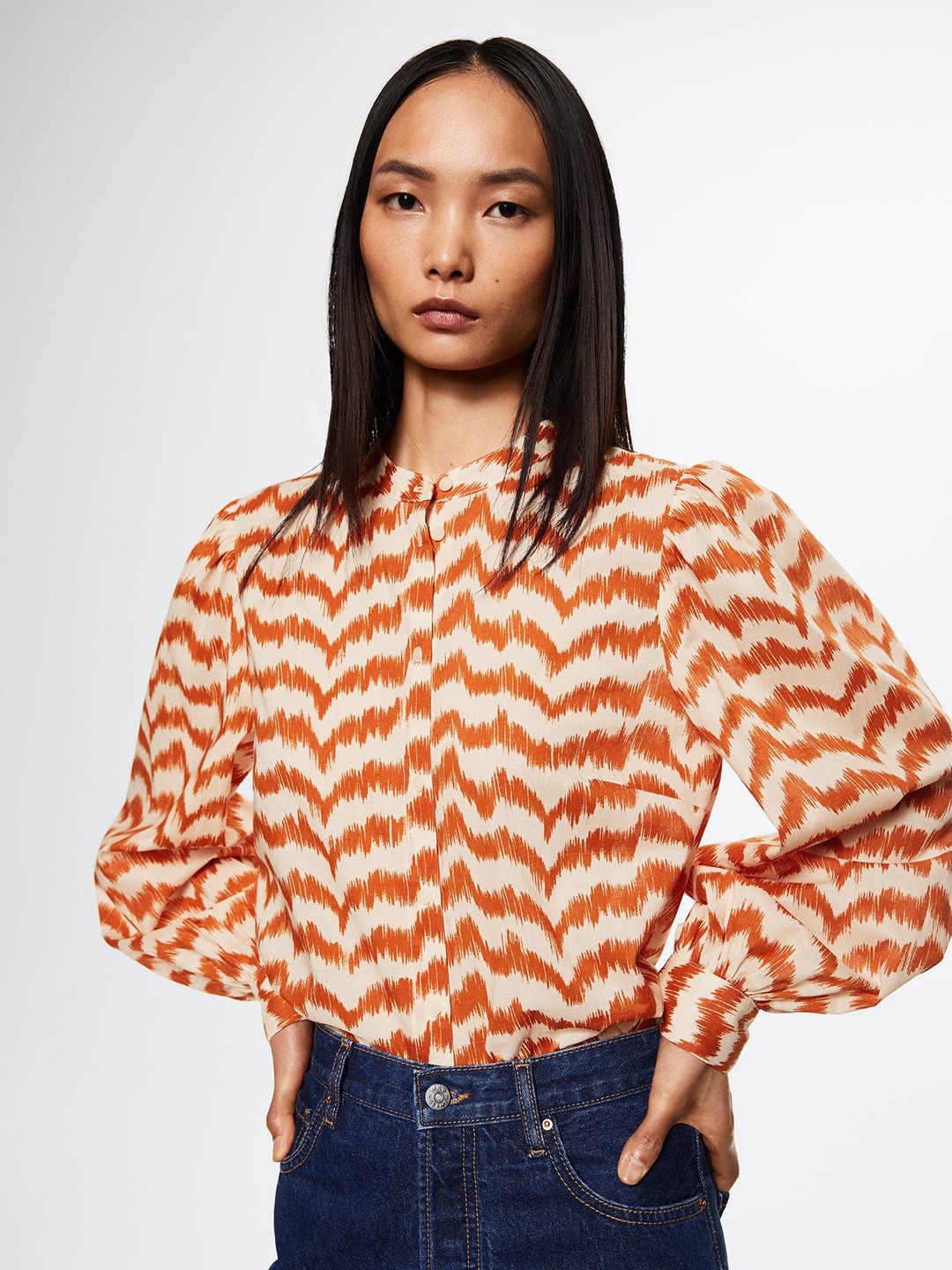 

MANGO Cream-Coloured & Orange Round Neck Striped Top