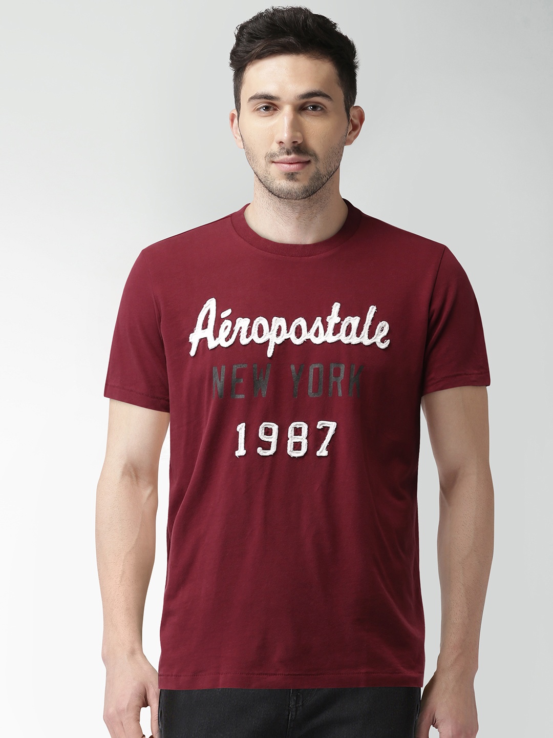 

Aeropostale Men Burgundy Printed Round Neck T-shirt