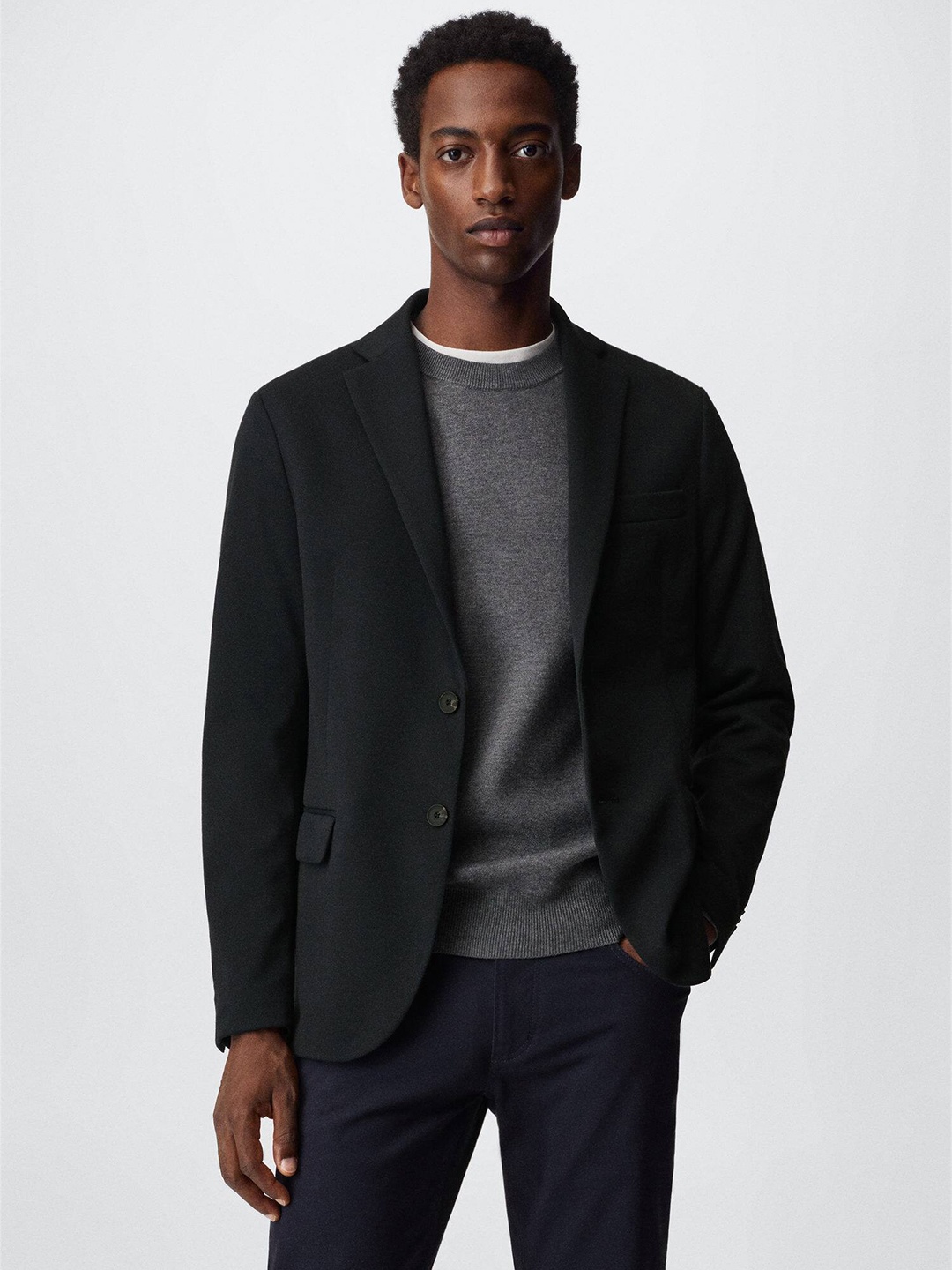 

MANGO MAN Solid Slim Fit Blazer, Navy blue
