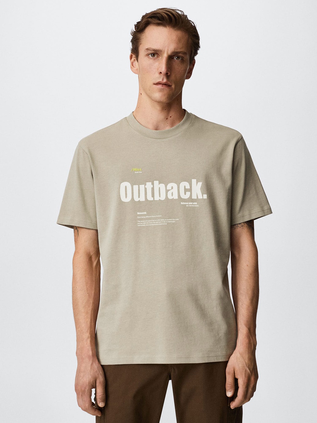 

MANGO MAN Beige Typography Printed Pure Cotton Sustainable T-shirt