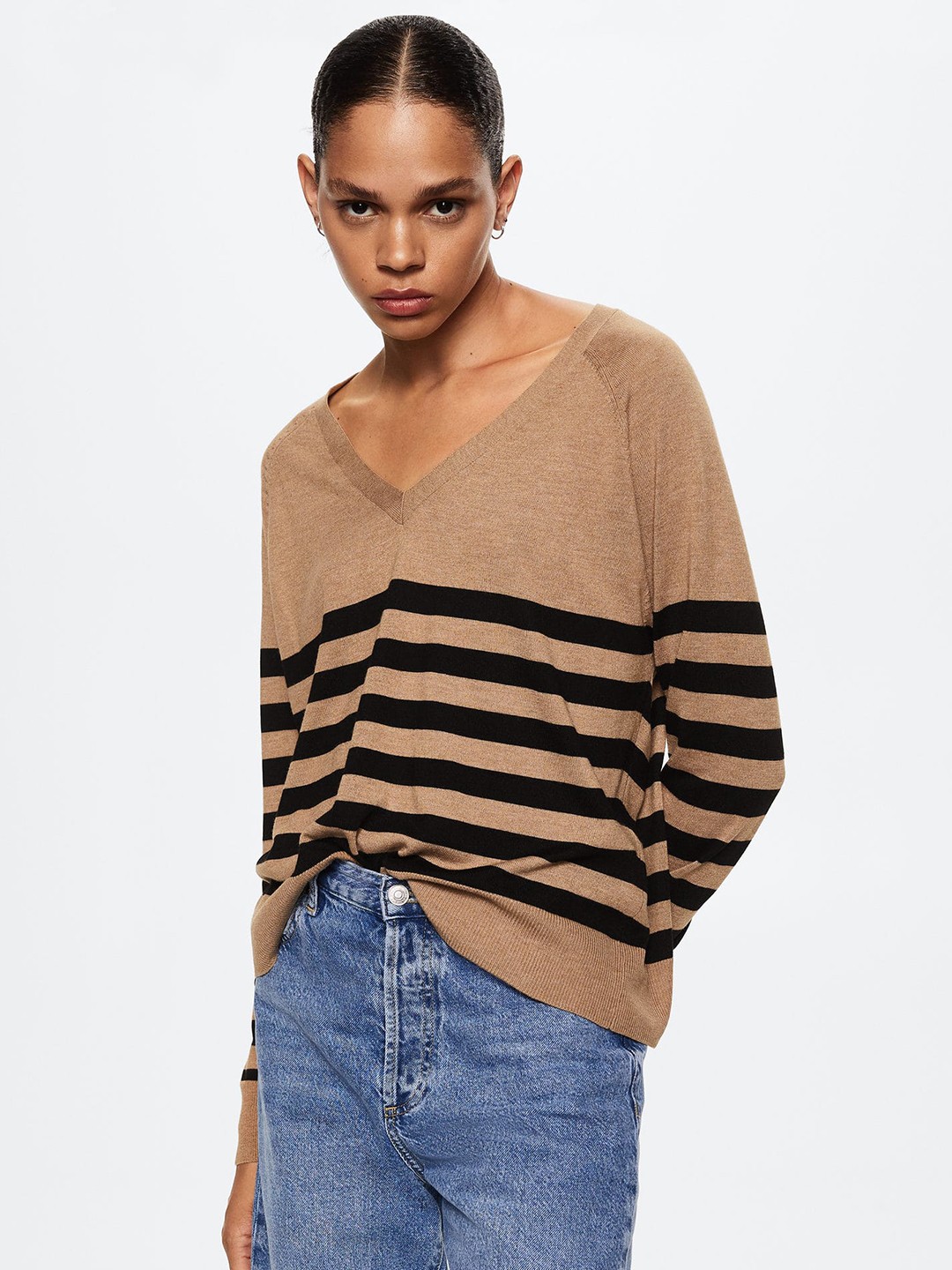 

MANGO Women Brown & Black Striped Pullover