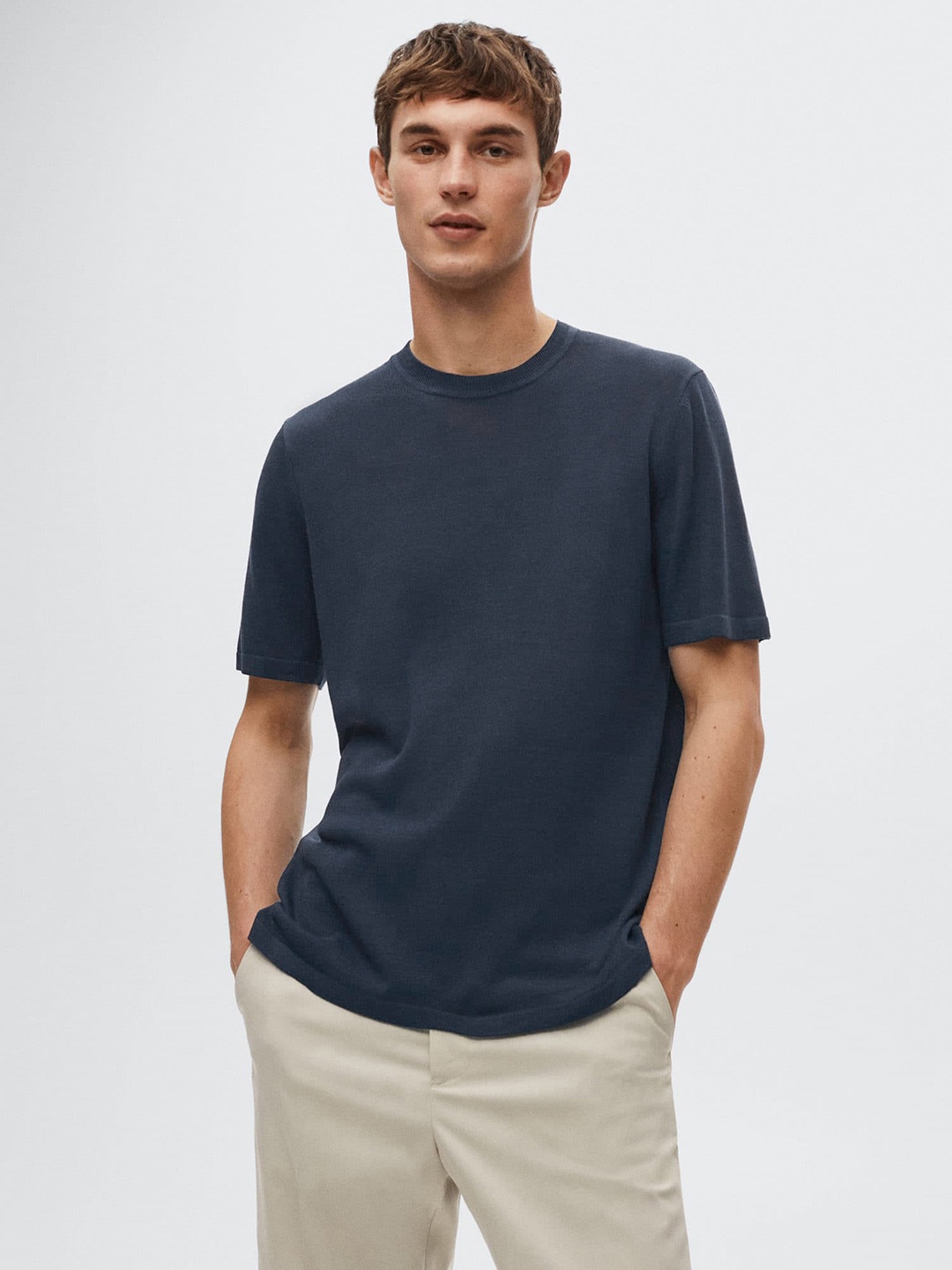 

MANGO MAN Men Navy Blue Knitted Sustainable T-shirt