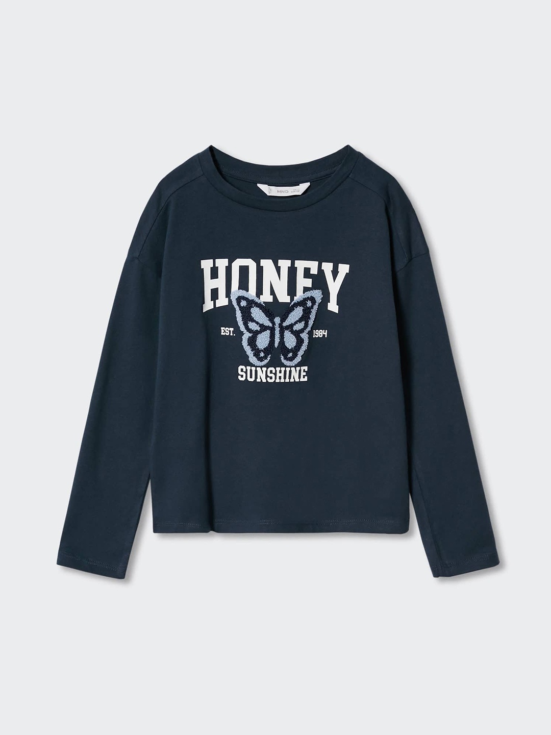 

Mango Kids Girls Navy Blue & White Printed & Applique Pure Cotton Sustainable T-shirt