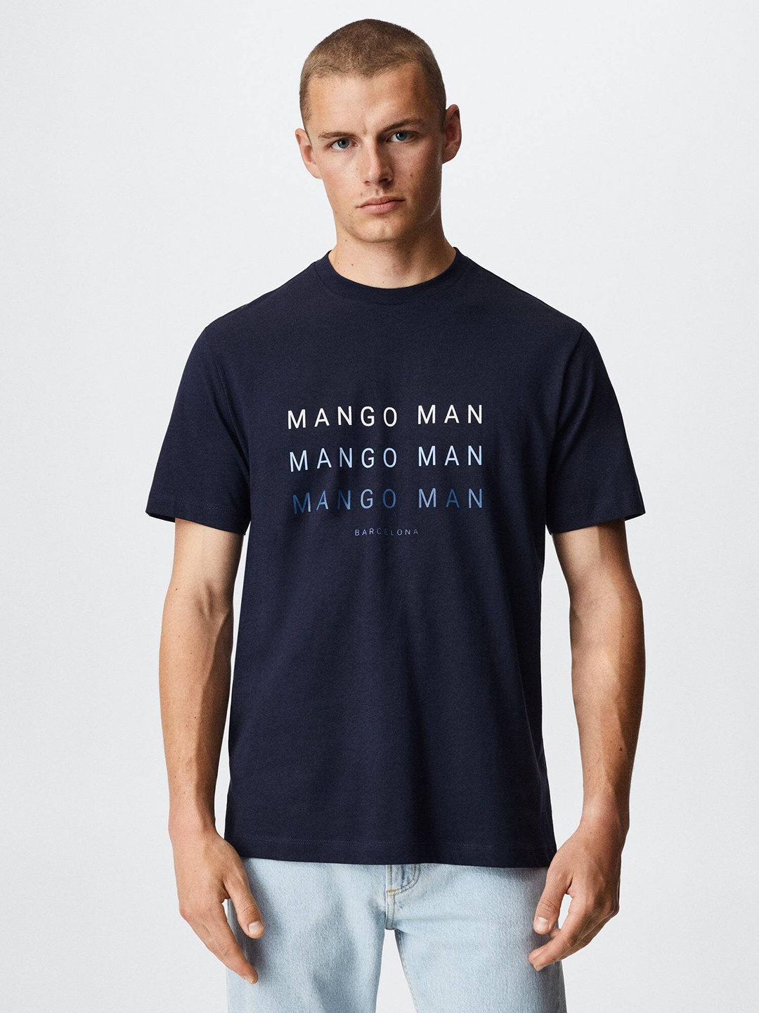 

MANGO MAN Brand Logo Print Pure Cotton Sustainable T-shirt, Navy blue