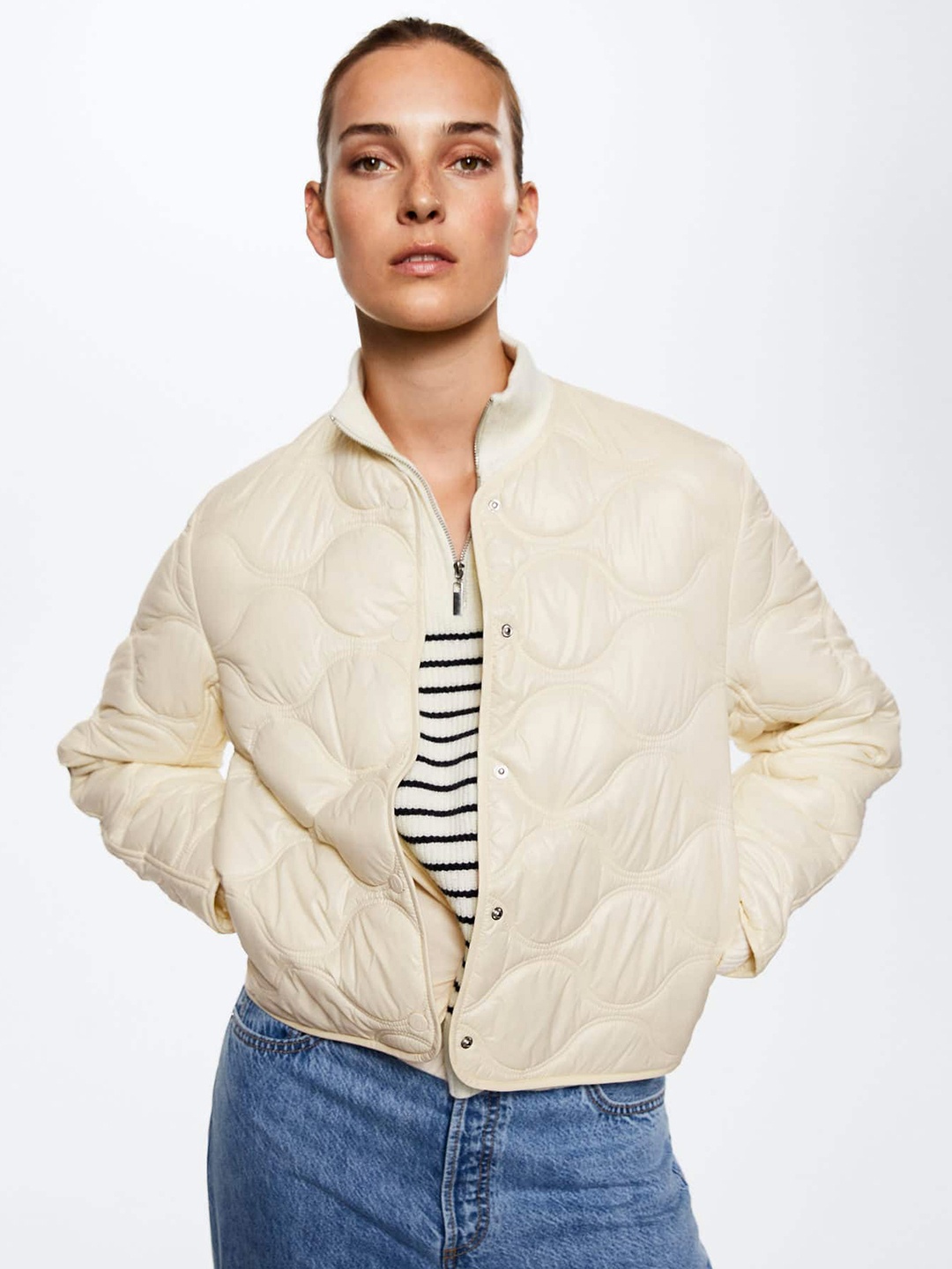 

MANGO Women Off White Quilted Jacket