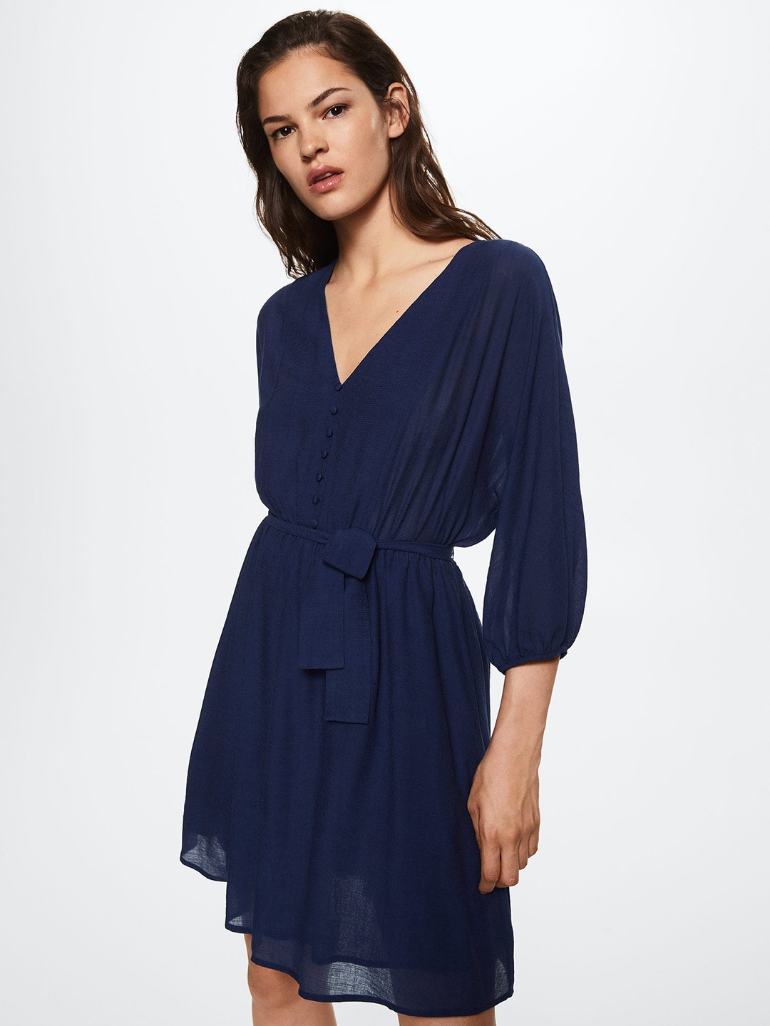 

MANGO Navy Blue Solid A-Line Dress