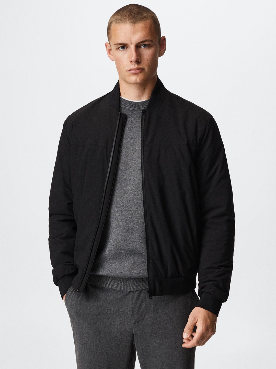 

MANGO MAN Men Black Water Resistant Bomber Jacket