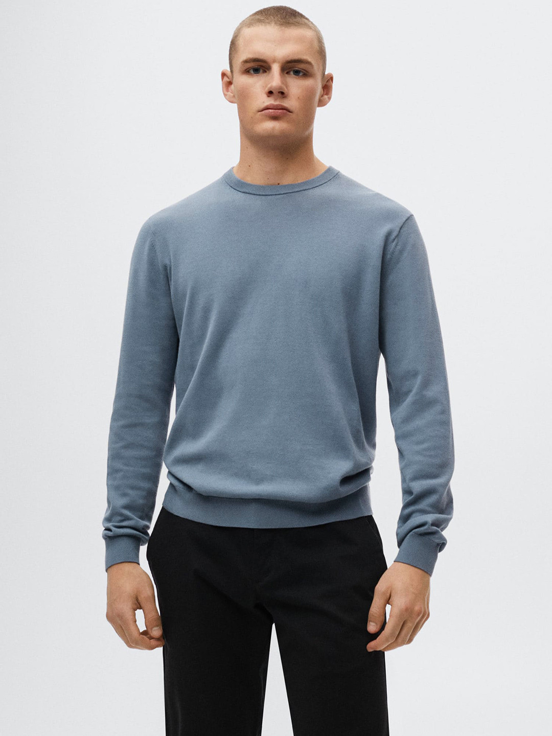 

MANGO MAN Blue Solid Pure Cotton Sustainable Pullover Sweater