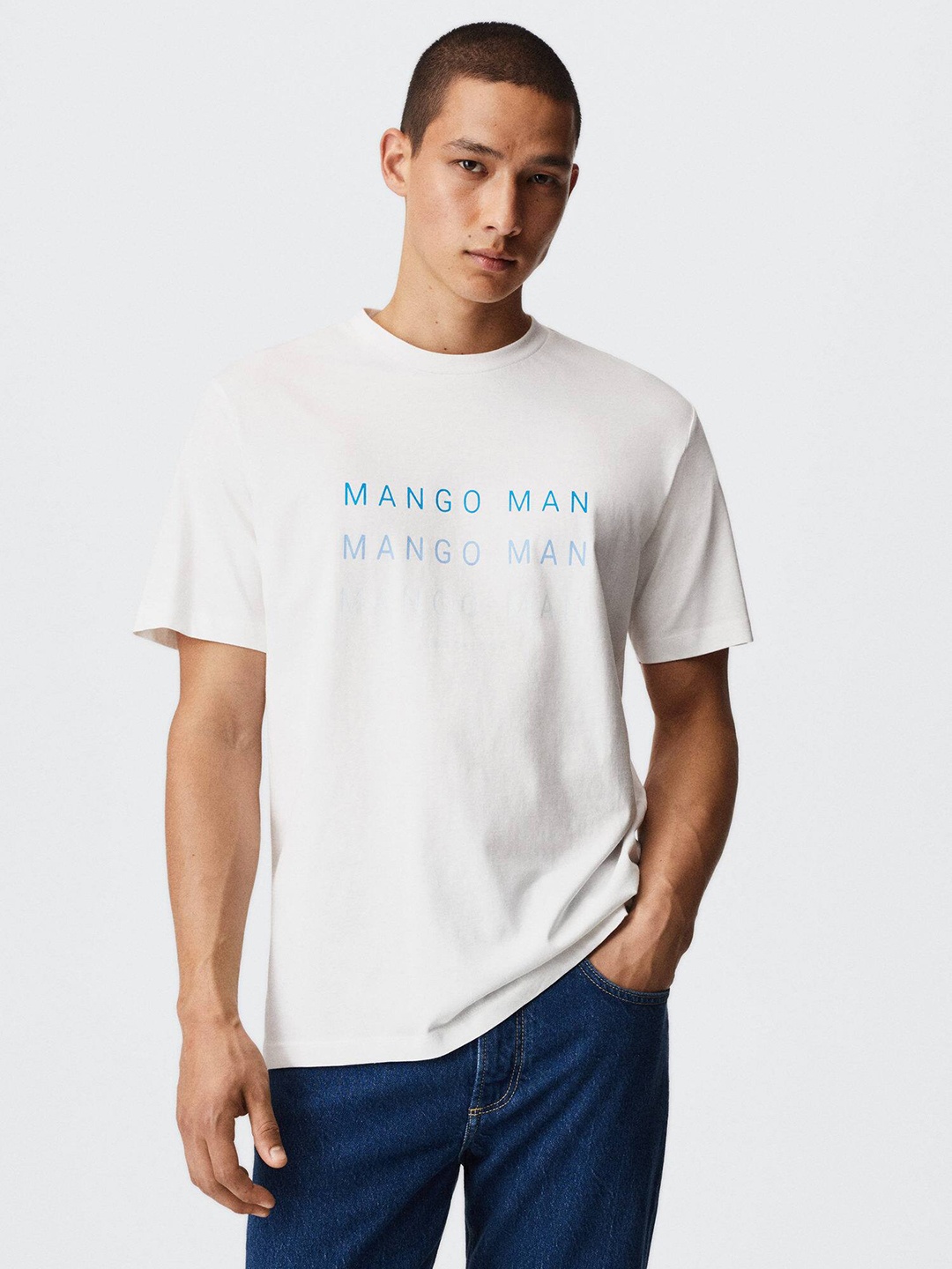 

MANGO MAN Brand Logo Printed Pure Cotton T-shirt, White