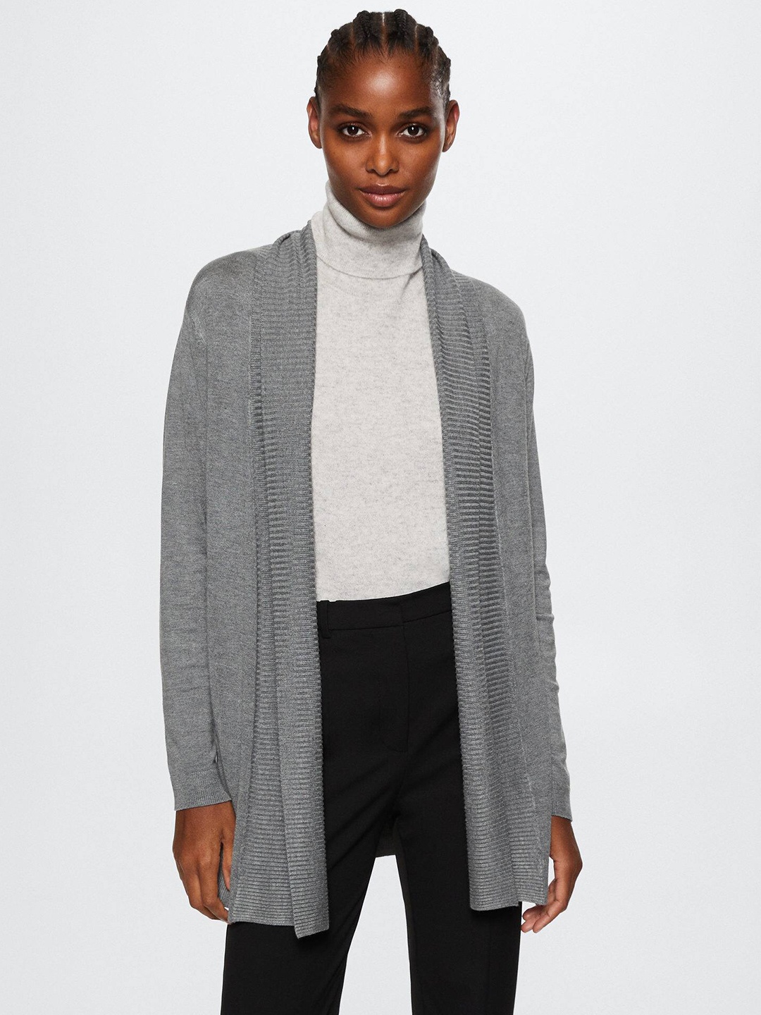 

MANGO Women Grey Sustainable Solid Knitted Open-Front Longline Sweater