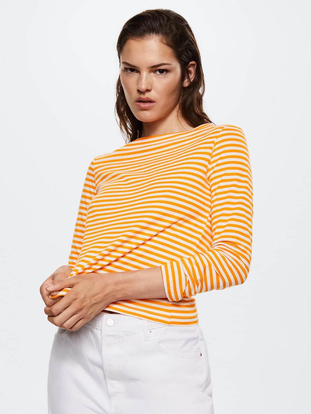 

MANGO Women White & Mustard Yellow Striped Pure Cotton Sustainable T-shirt