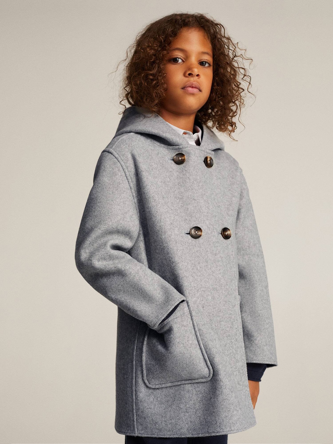 

Mango Kids Girls Double-Breasted Hooded Longline Overcoat, Grey melange