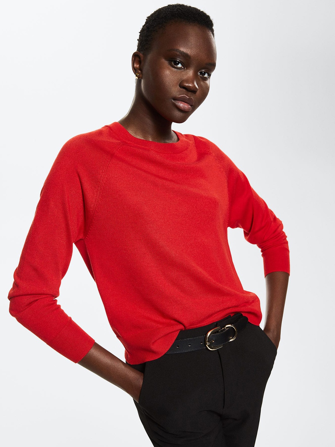 

MANGO Women Red Round Neck Knitted Pullover