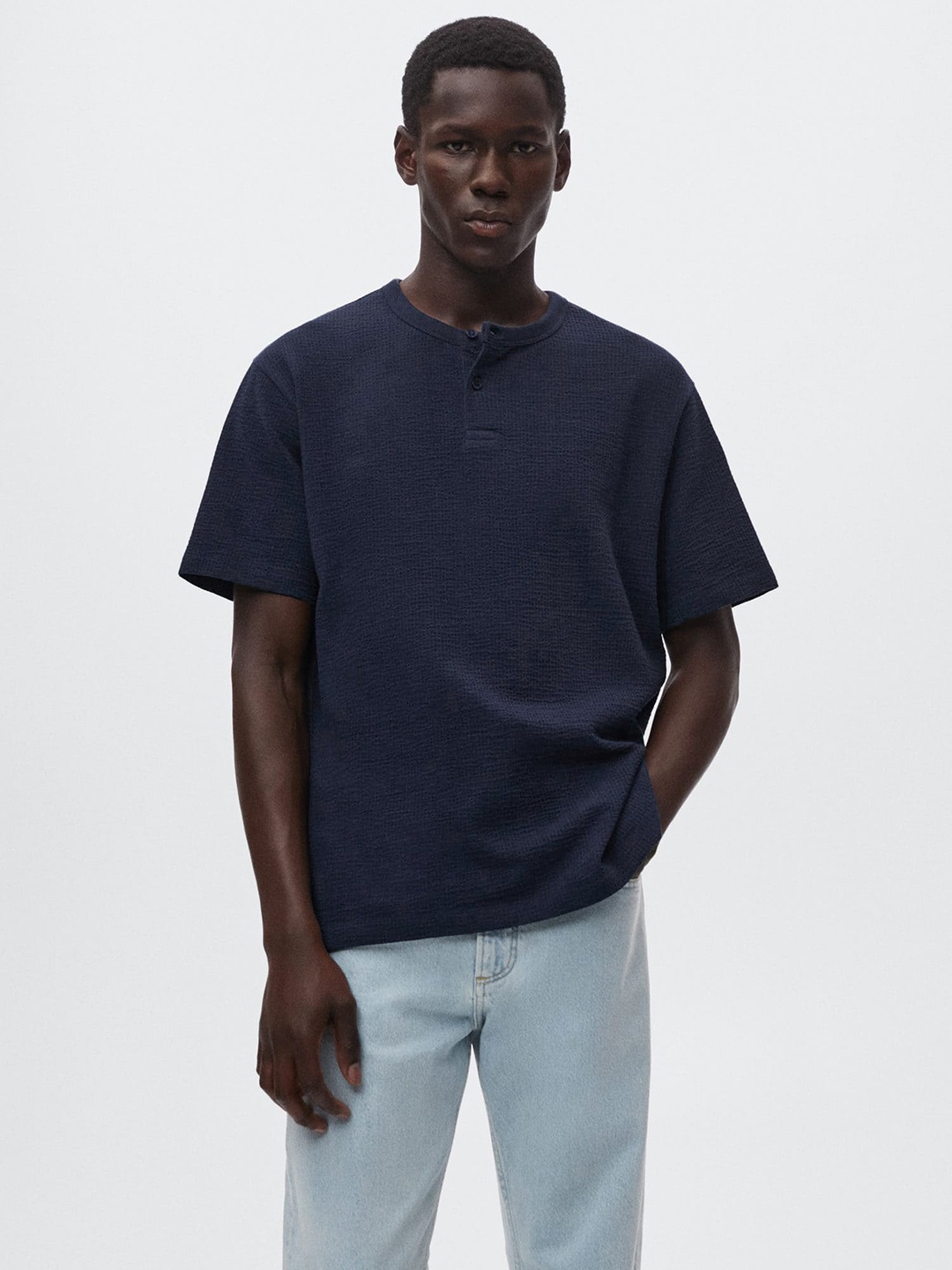 

MANGO MAN Navy Blue Seersucker Henley Neck T-shirt