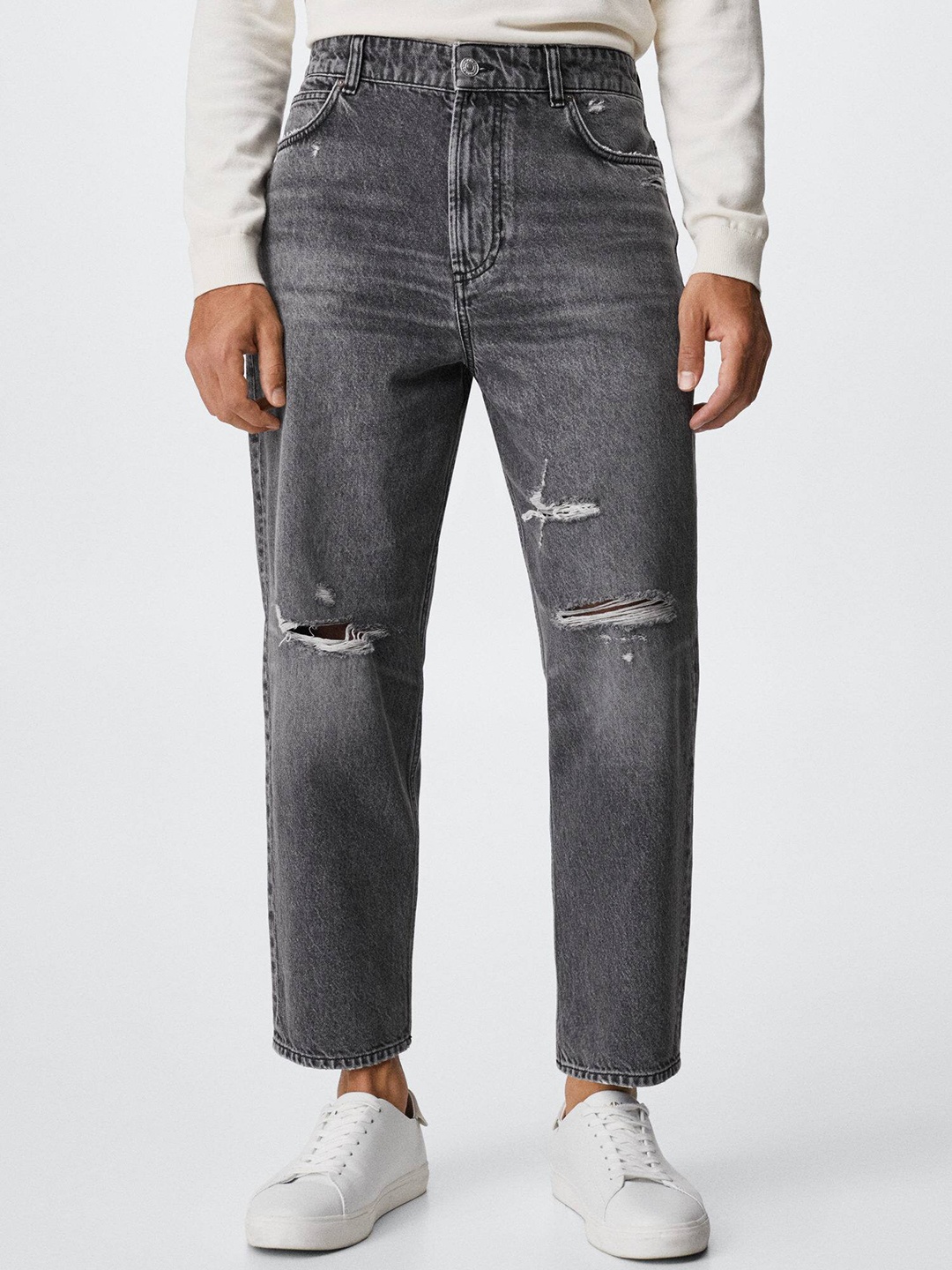 

MANGO MAN Pure Cotton Low-Distress Tapered Fit Stretchable Jeans, Charcoal
