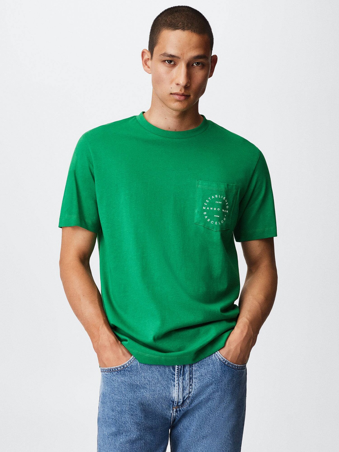 

MANGO MAN Men Pure Cotton T-shirt, Green