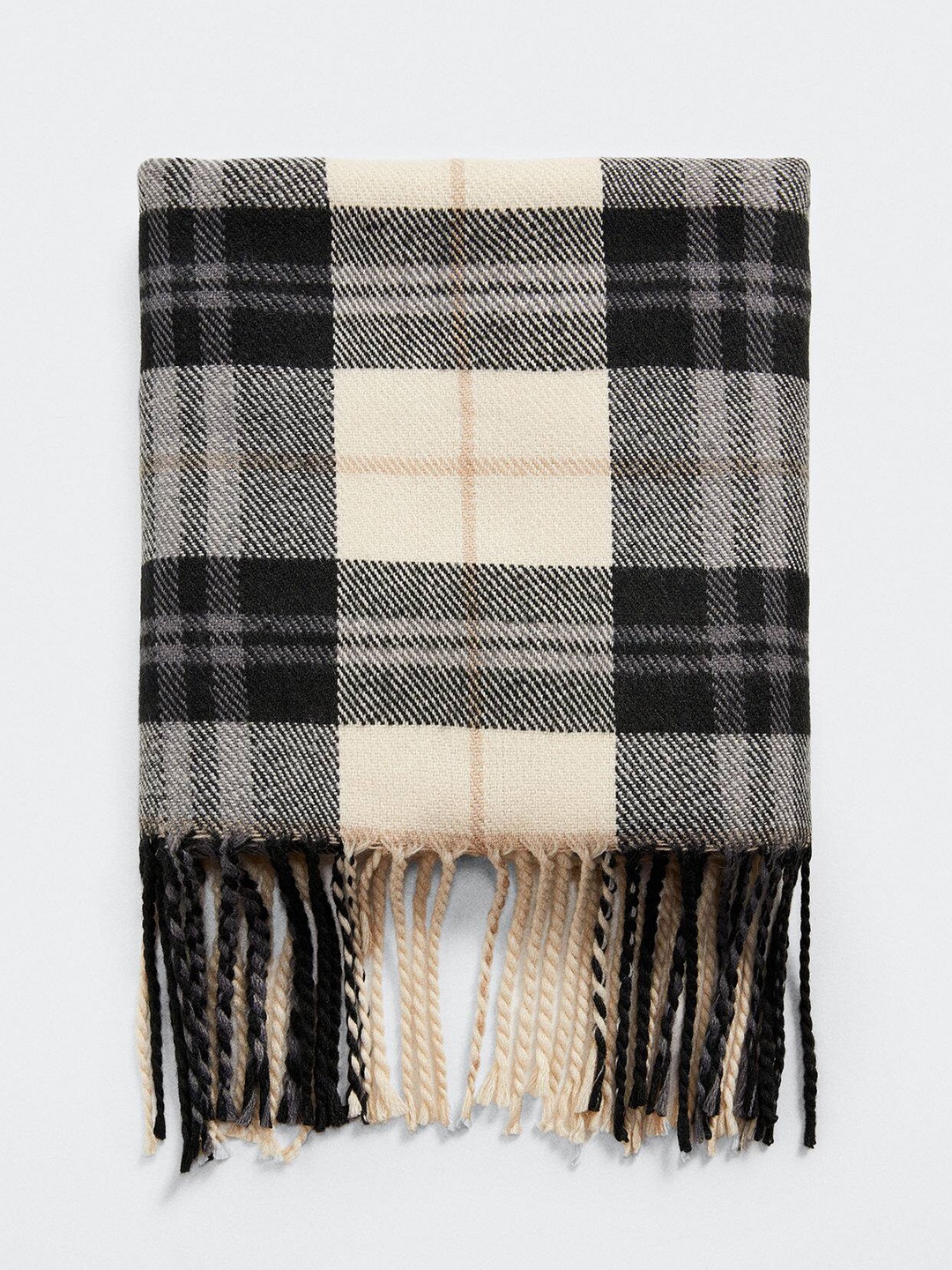 

MANGO MAN Fringed Checked Scarf, Off white