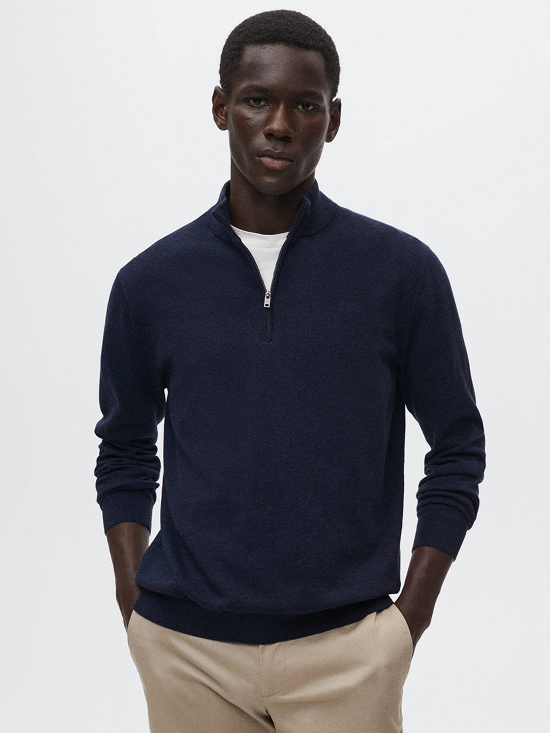 

MANGO MAN Pure Cotton Solid Half Zipper Sweater, Navy blue