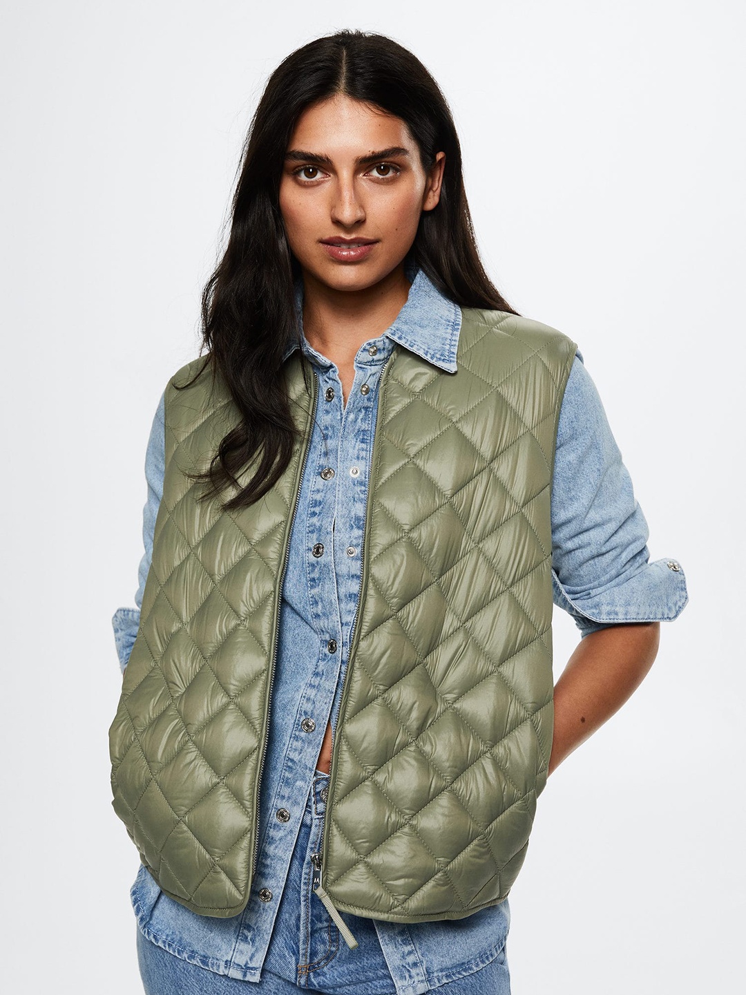 

MANGO Women Olive Green Quilted Jacket