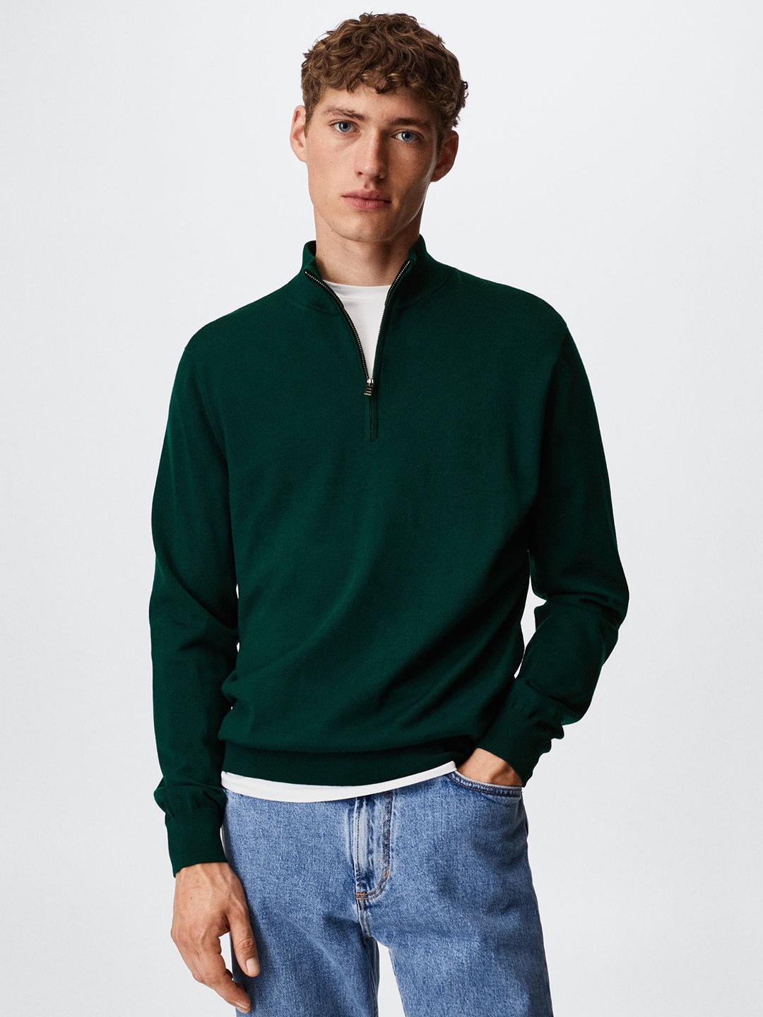 

MANGO MAN Green Solid Half Zipper Woolen Pullover