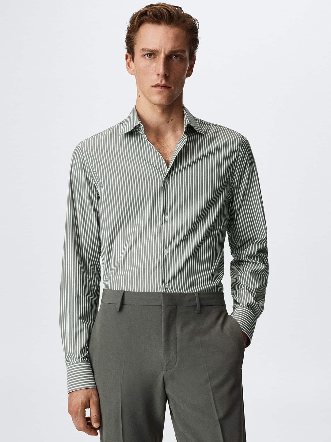 

MANGO MAN Grey & White Super Slim Fit Striped Formal Shirt
