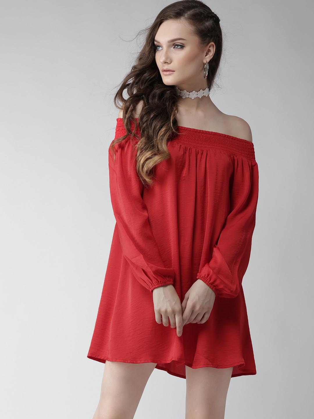 

FOREVER 21 Women Red Solid Off-Shoulder A-Line Dress