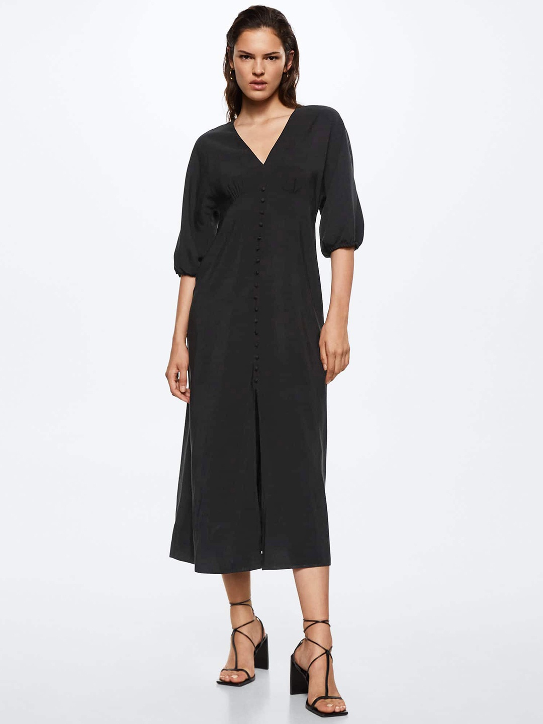 

MANGO Black Solid A-Line Midi Dress