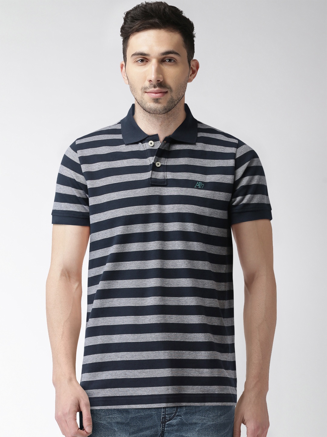 

Aeropostale Men Navy Blue Striped Polo Collar T-shirt