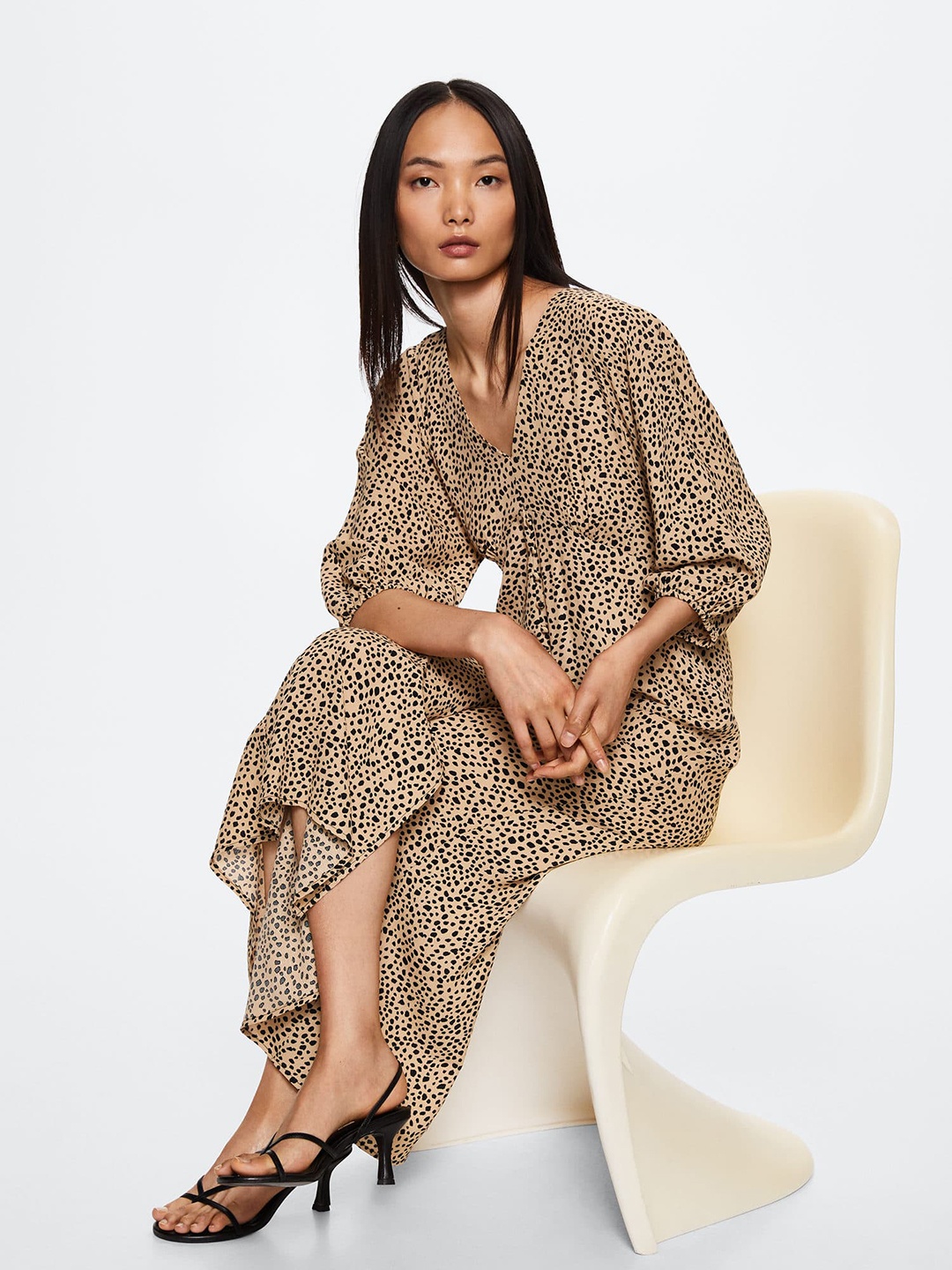 

MANGO Beige & Black Printed A-Line Midi Dress