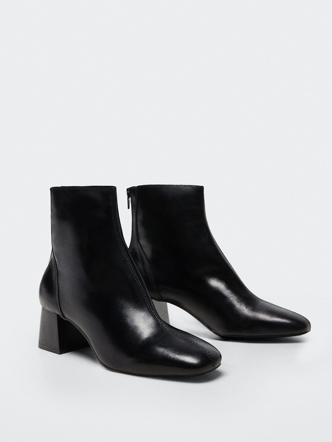 

MANGO Women Black Solid Mid-Top Leather Block Heel Regular Boots