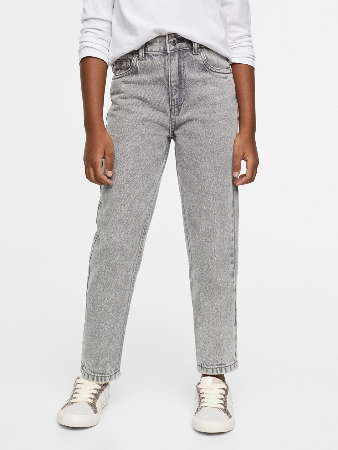 

Mango Kids Girls Grey Solid Pure Cotton Light Fade Mid-Rise Jeans