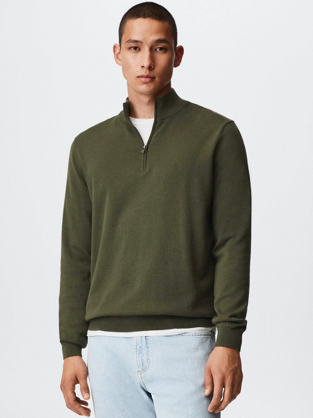 

MANGO MAN Half Zipper Performance Pure Cotton Pullover, Olive