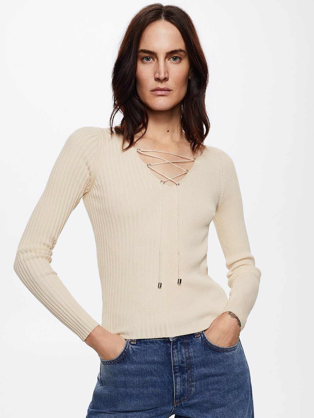 

MANGO Women Beige Ribbed Pullover