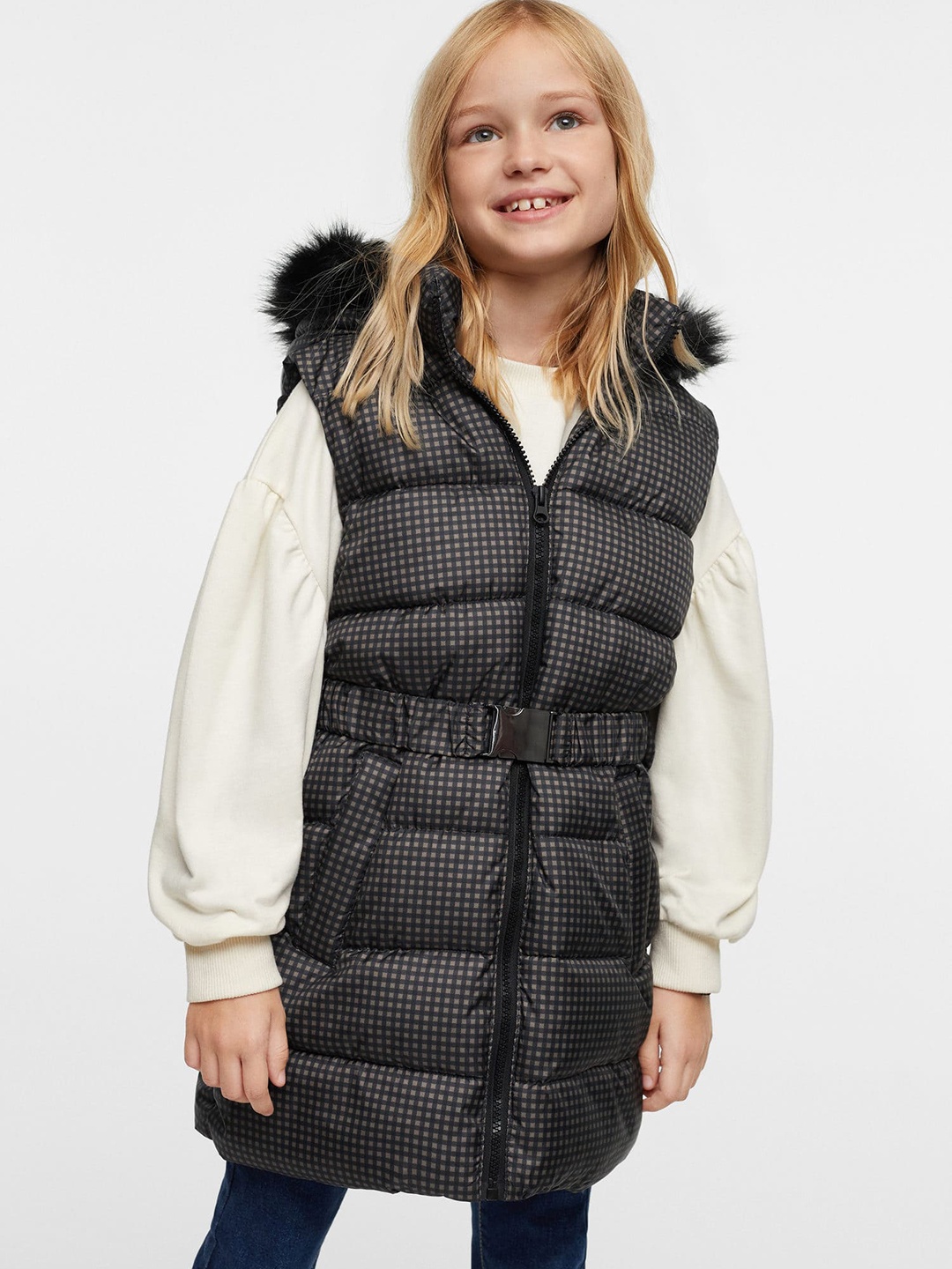 

Mango Kids Girls Beige Black Checked Longline Sustainable Padded Jacket