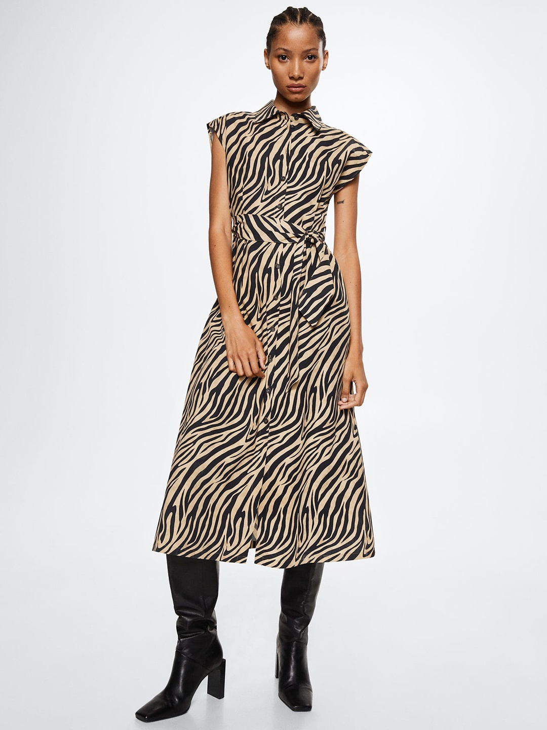 

MANGO Beige & Black Pure Cotton Zebra Print Shirt Midi Sustainable Dress