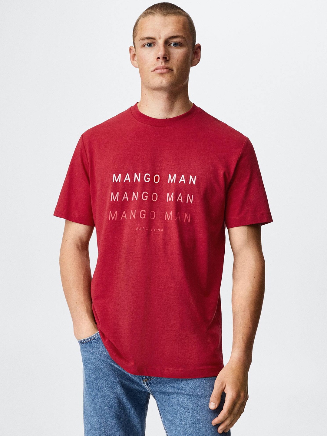 MANGO MAN Brand Logo Print Pure Cotton T-shirt, Red
